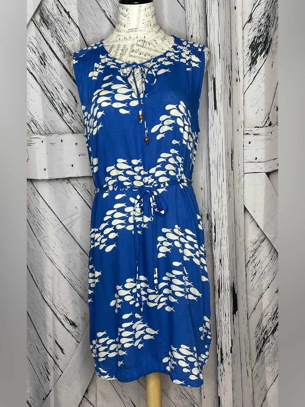 Zury Sleeveless Shift Dress Cover Up Blue w/White Fish L/XL